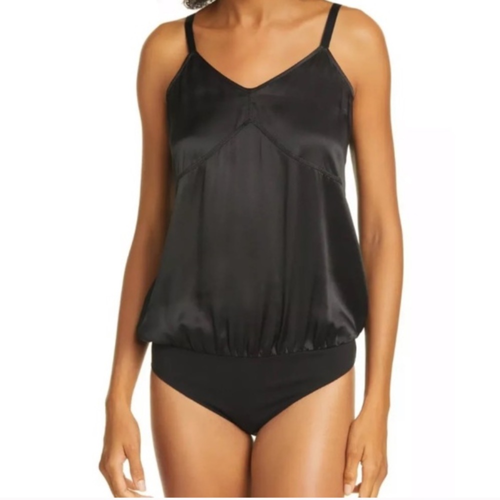 NWT-  ATM 100% Silk Tank Bodysuit Black Satin, V-Neck Cami Top Size Small